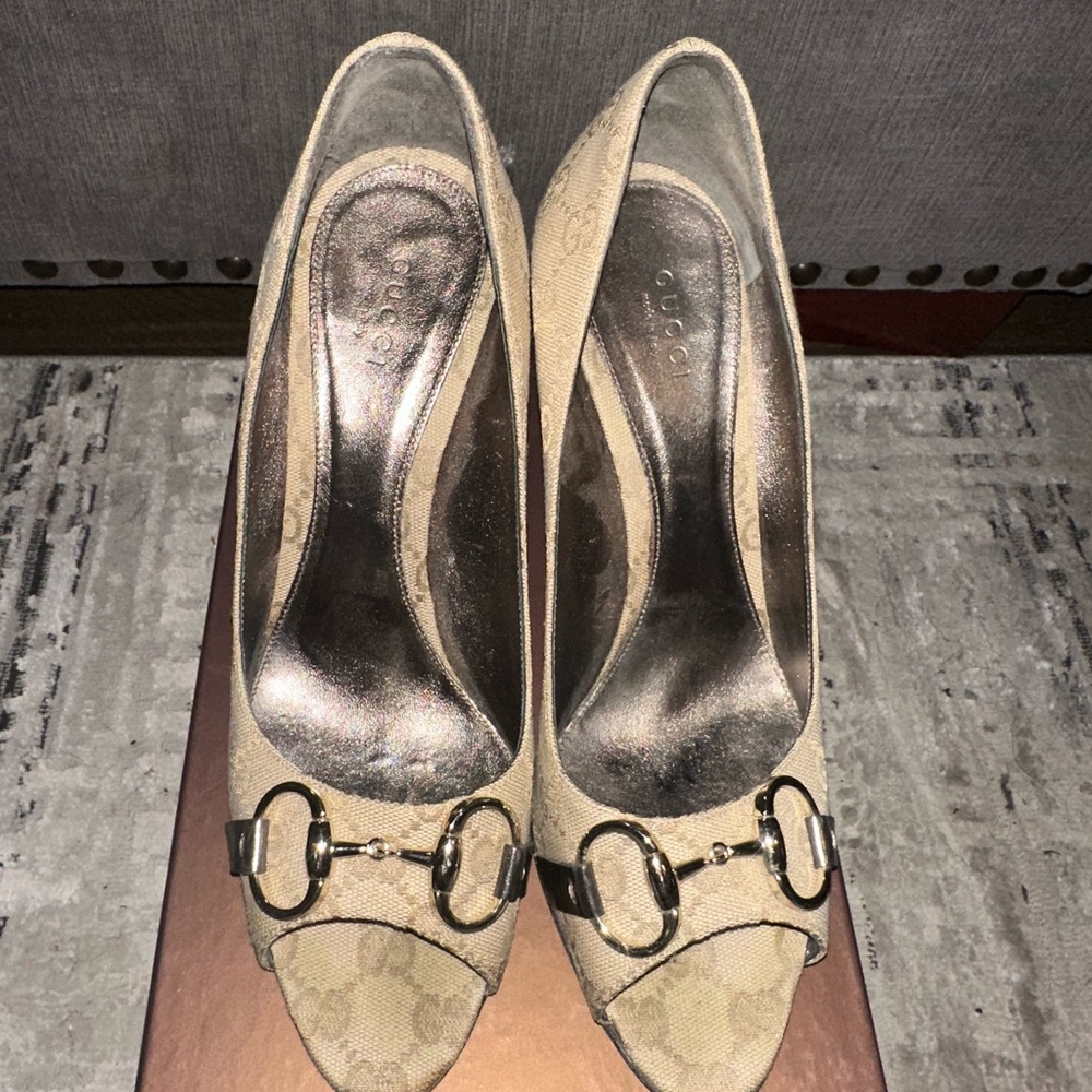 Gucci Beige Peep-Toe Heels with Silver Accents